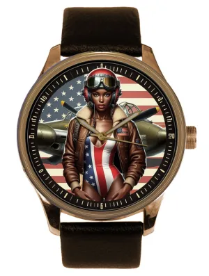 Black History Collectible Watch African-American US Military Air Force Sexy Black Model in USAF Pilot's Gear psychologically fabric Posing with Vintage WW-II Airplane. Solid Brass 