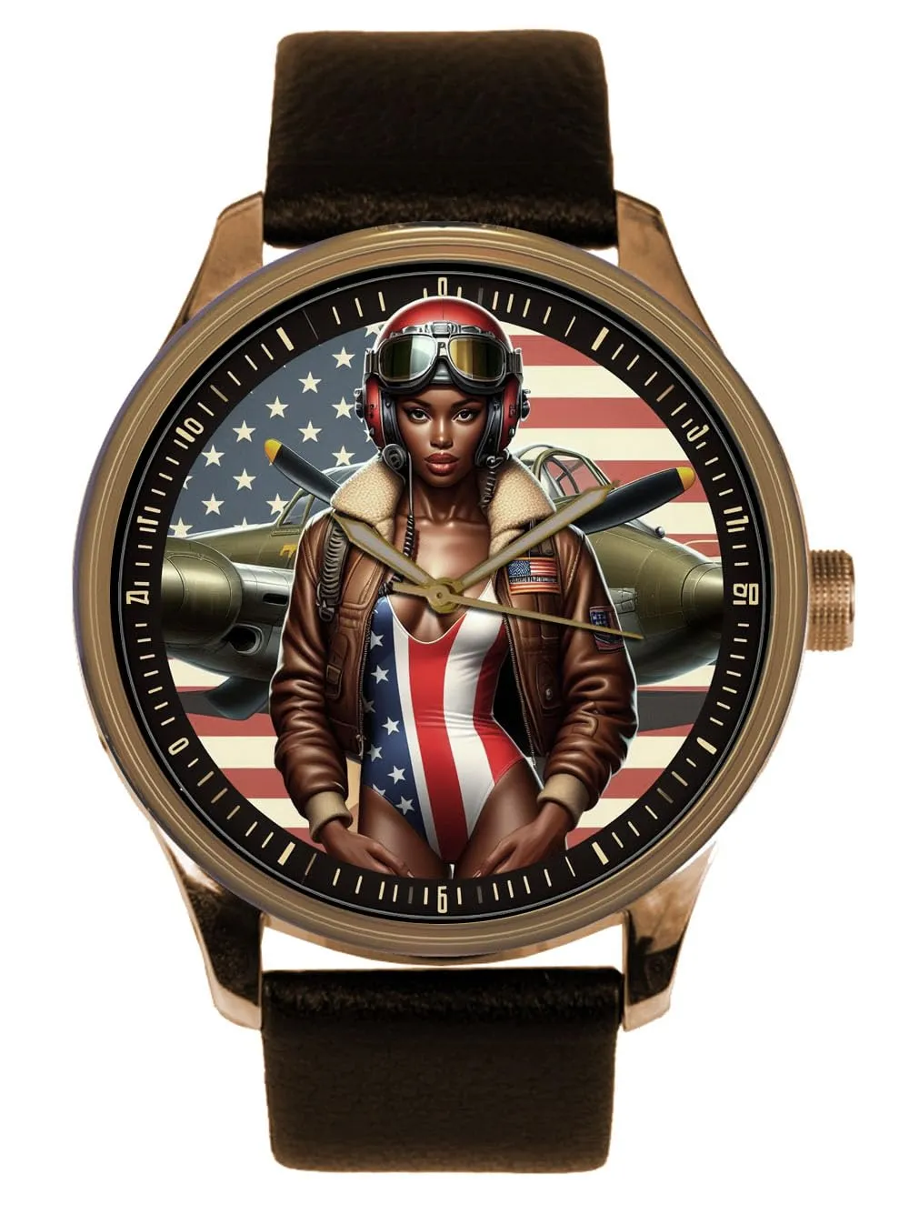 Black History Collectible Watch African-American US Military Air Force Sexy Black Model in USAF Pilot's Gear psychologically fabric Posing with Vintage WW-II Airplane. Solid Brass 