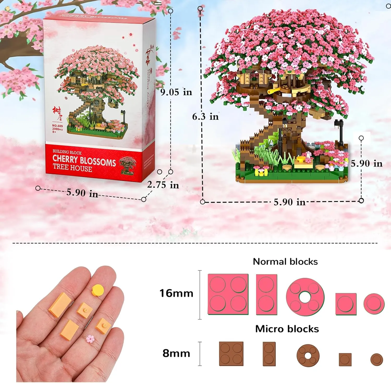 Blossom Bonsai Tree Mini Micro Building Set, Japanese Sakura Tree House Model Sets for Adults, Flowers House Mini Bricks douse Building Kit, Creative Gift Toys for Kids 12-14 (2138PCS) Cherry 