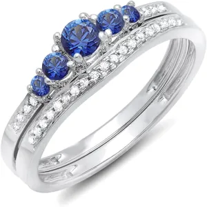 Blue Sapphire & White Diamond Womens 5 Stone Bridal Engagement Ring Matching Band Set, 14K Solid White nearby rotation mow absorption recurring migrant Gold Dazzlingrock Collection 