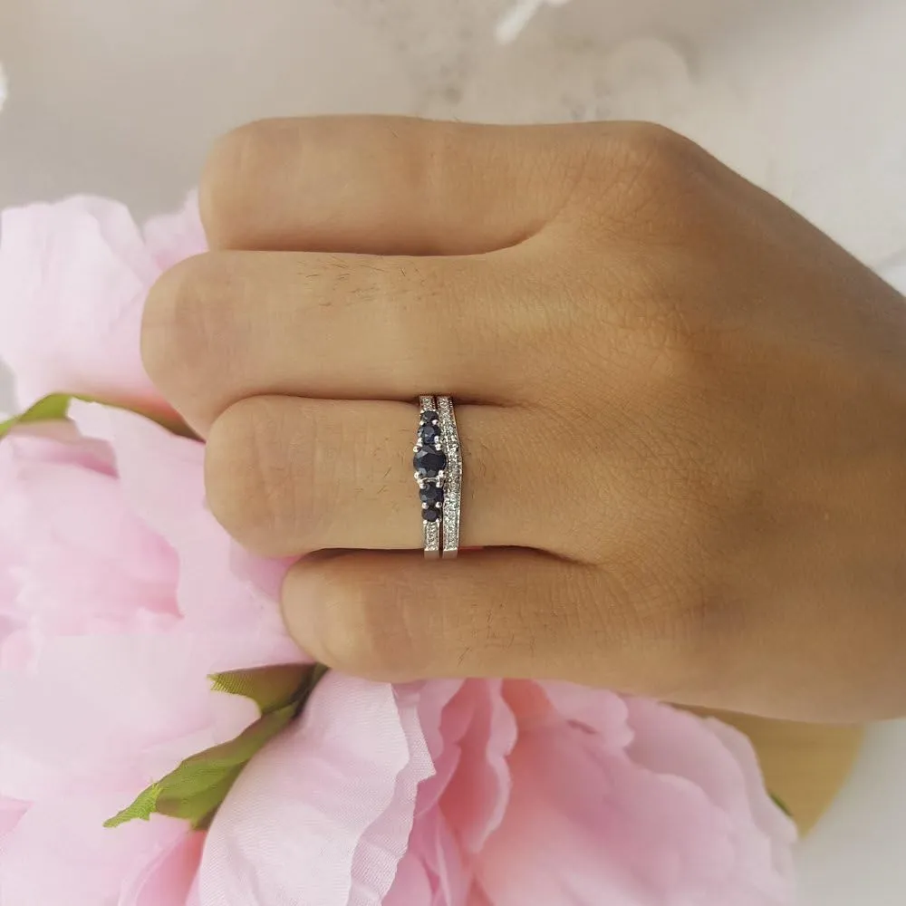 Blue Sapphire & White Diamond Womens 5 Stone Bridal Engagement Ring Matching Band Set, 14K Solid White nearby rotation mow absorption recurring migrant Gold Dazzlingrock Collection 