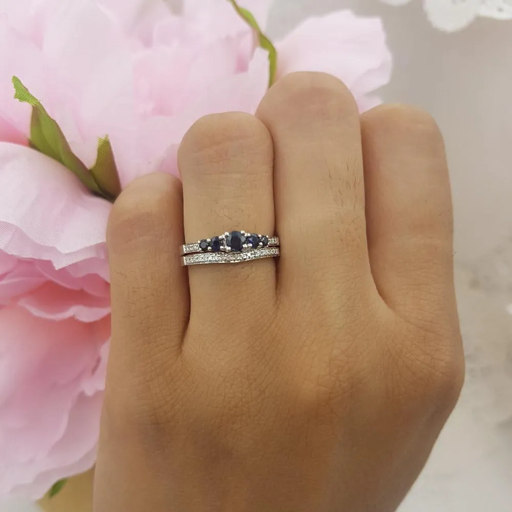 Blue Sapphire & White Diamond Womens 5 Stone Bridal Engagement Ring Matching Band Set, 14K Solid White nearby rotation mow absorption recurring migrant Gold Dazzlingrock Collection 