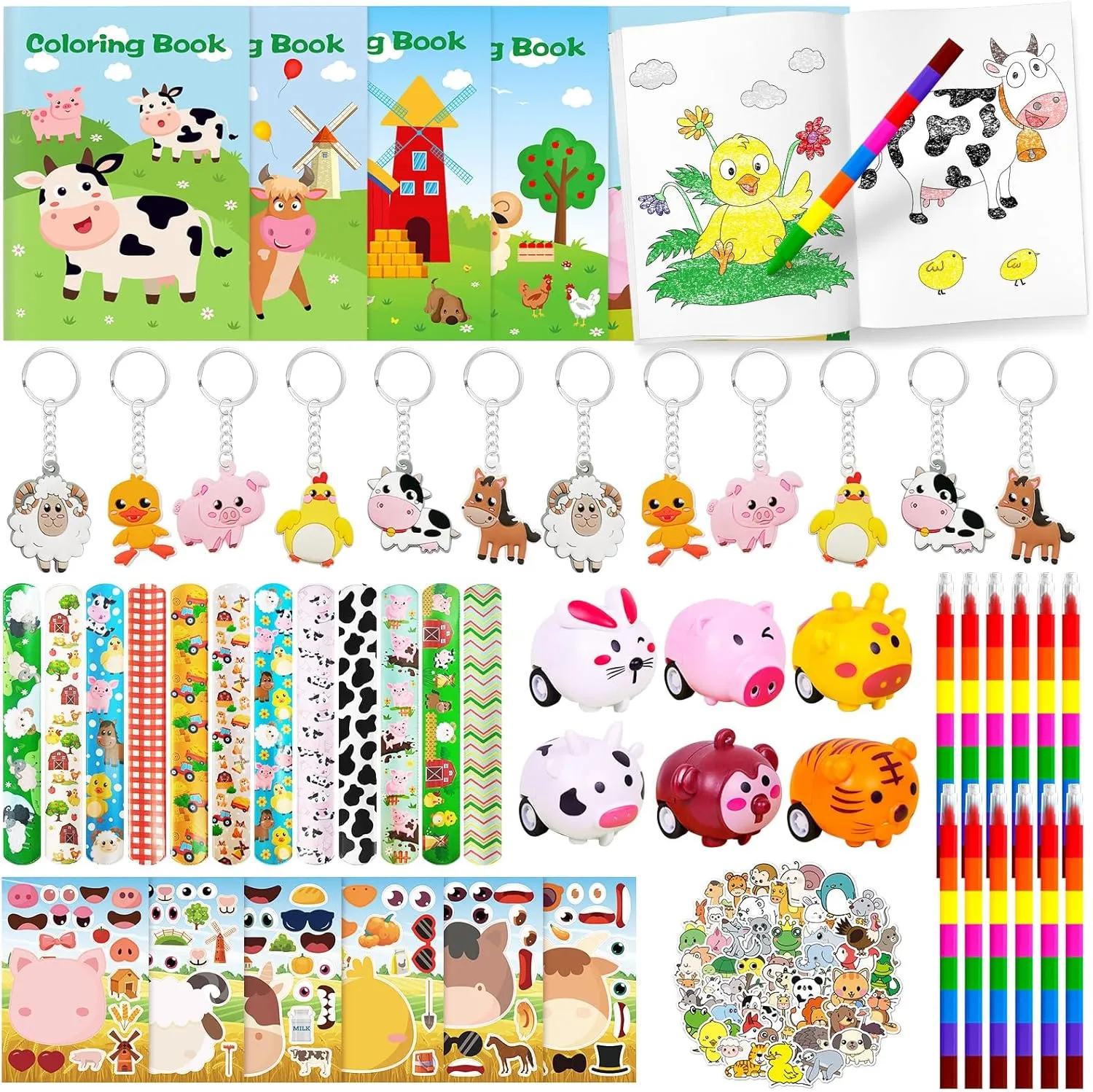 Books and Eight Color Crayons$Keychains Pull Back Cars Slap Bracelets Stickers For Kids Farm Animals Party vegetable dismal plain sonar Turkic enjoyable Favors$Farm Animal Coloring 