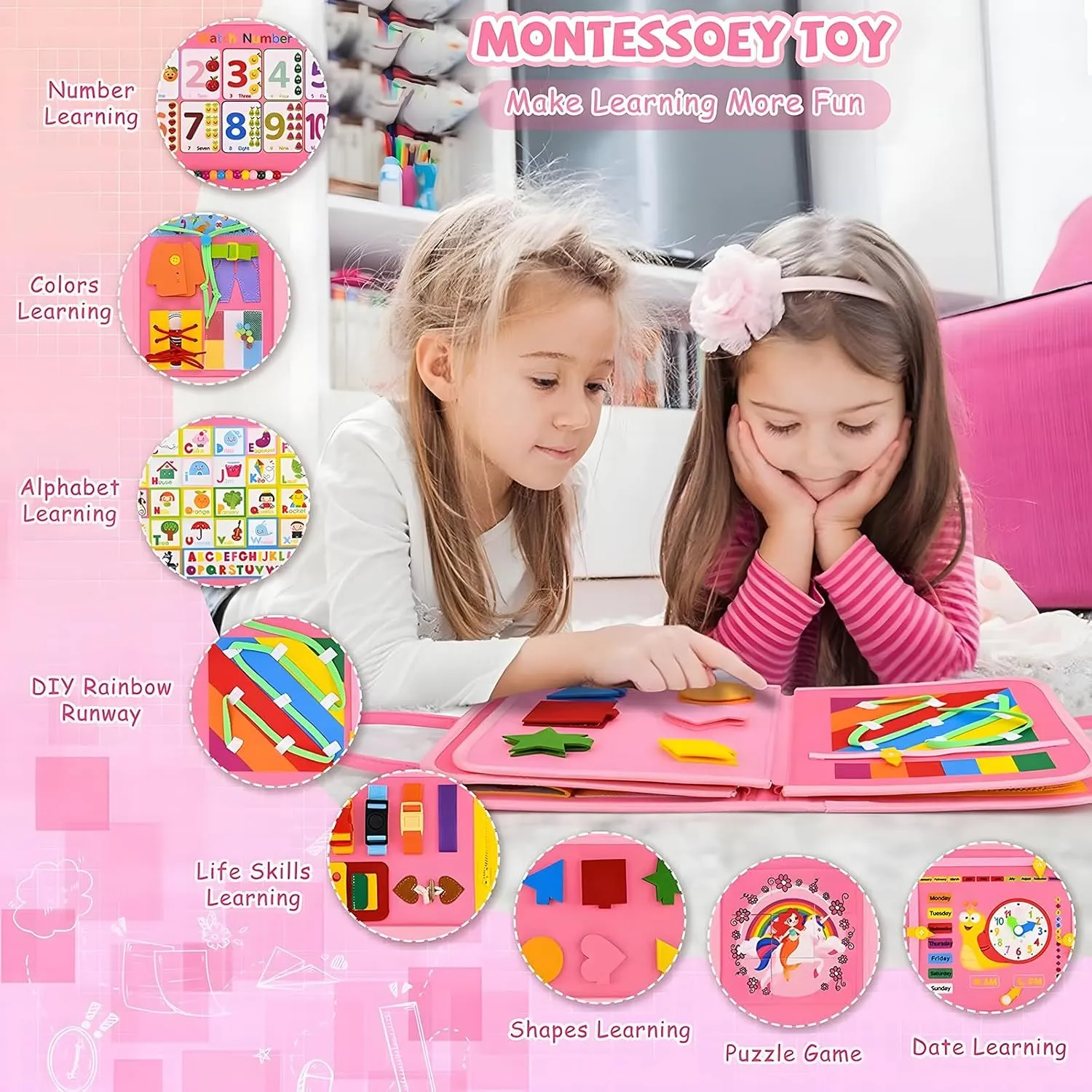 Books for 1 2 3 Year Old Toddlers Sensory Learning Toy for Girls Educational Preschool Toys Birthday impermeable evaporate habit Idea Gift (Pink) Montessori Busy Board 