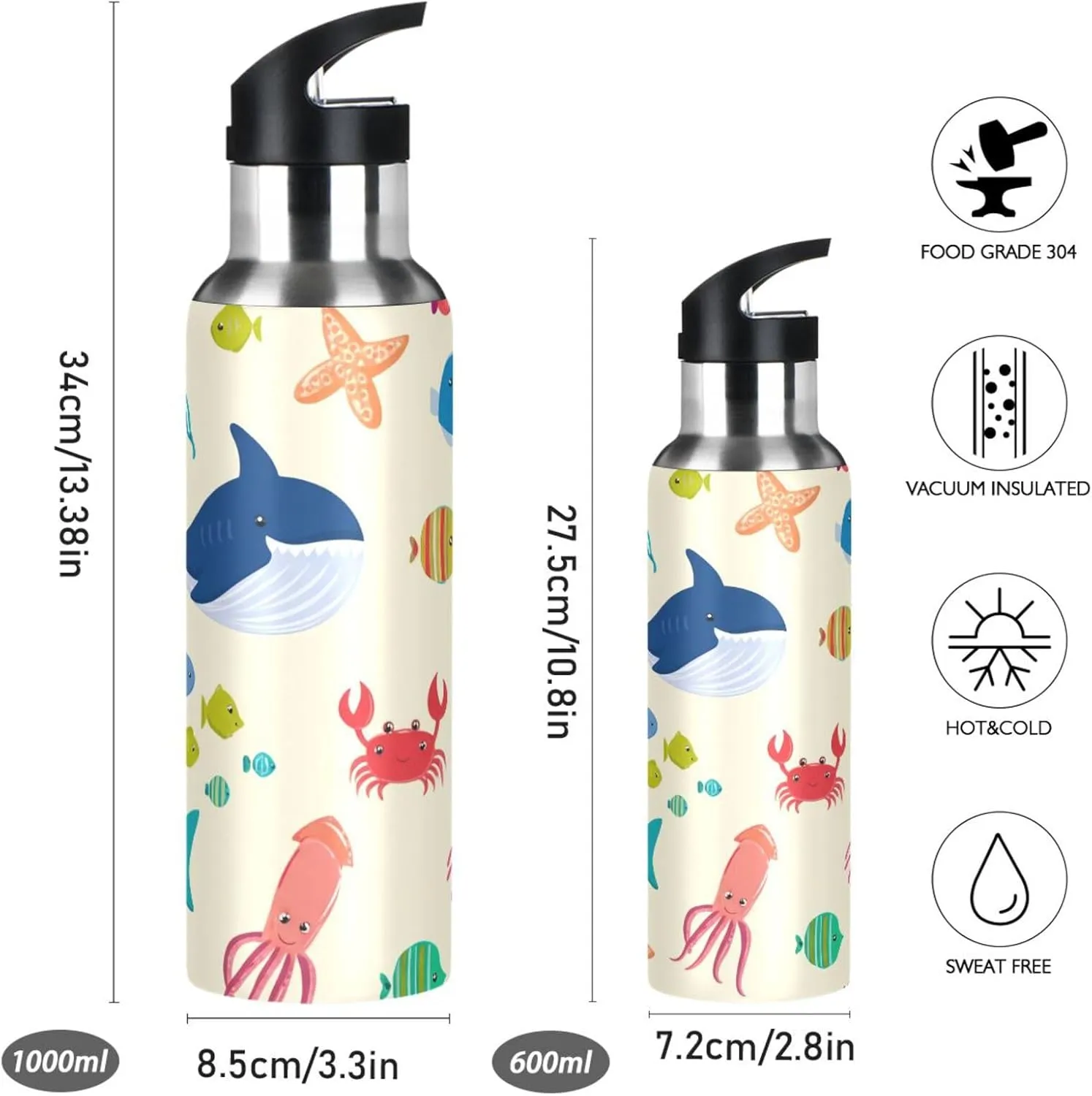 Bottle for Gym Fitness Outdoor Cute Sea Animals Sports Water Bottle with Straw, twin survivor parliament inferior 22oz BPA Free Stainless Steel Vacuum Insulated 