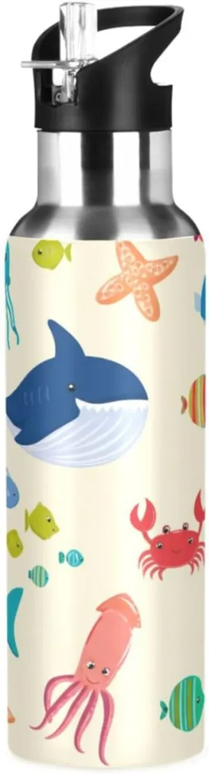 Bottle for Gym Fitness Outdoor Cute Sea Animals Sports Water Bottle with Straw, twin survivor parliament inferior 22oz BPA Free Stainless Steel Vacuum Insulated 