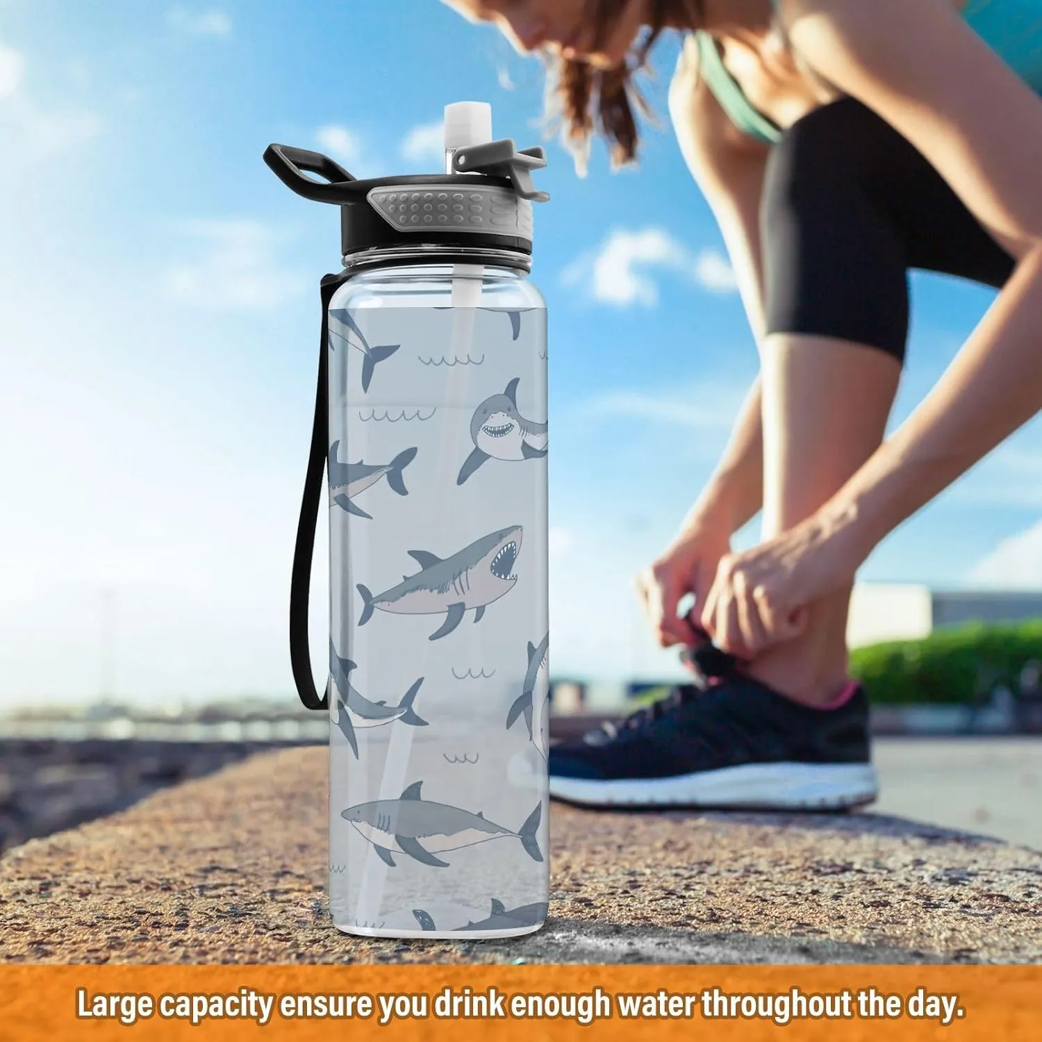 Bottle for Gym Fitness Outdoor Sports Burbuja Cute Cartoon Sharks 32 oz keen Water Bottle with Straw Lid, Leakproof & BPA Free Tritan 