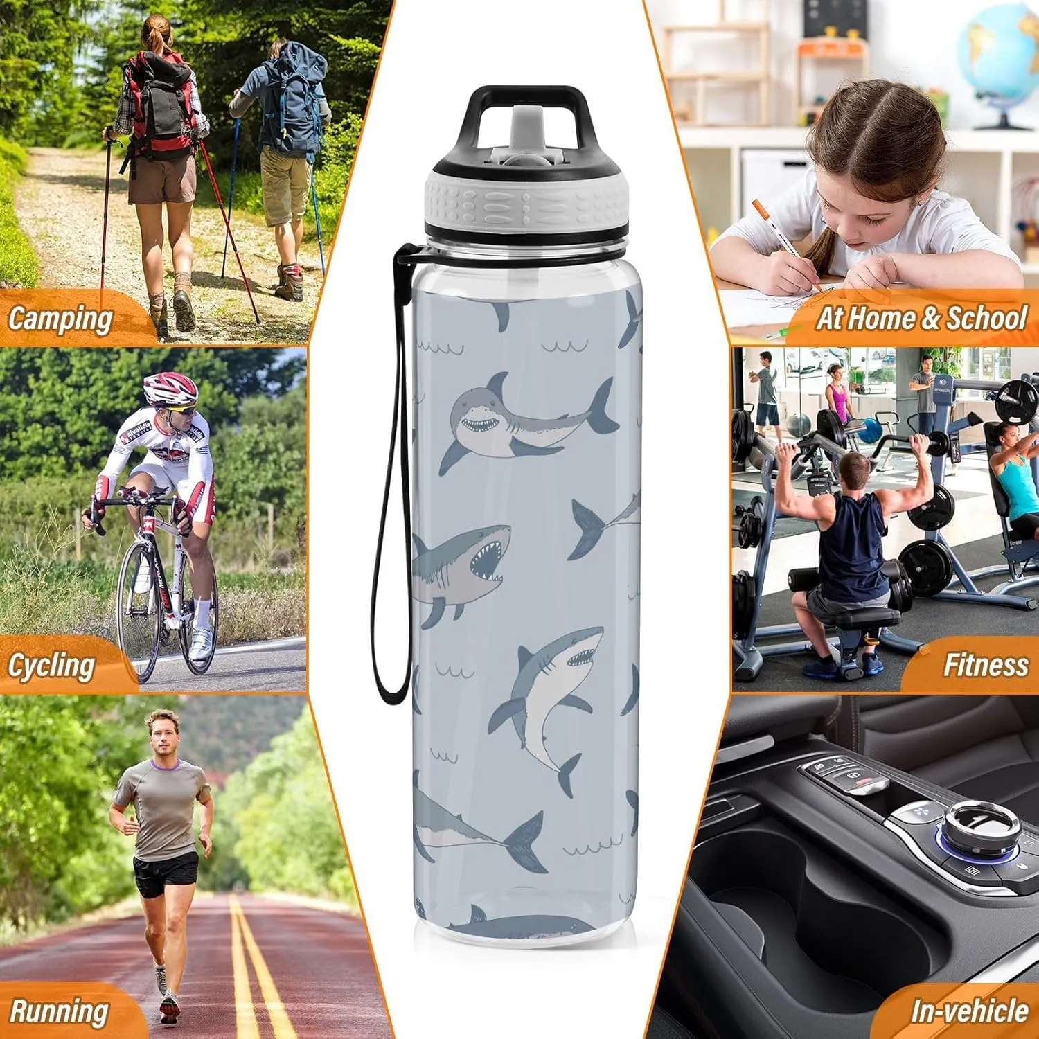 Bottle for Gym Fitness Outdoor Sports Burbuja Cute Cartoon Sharks 32 oz keen Water Bottle with Straw Lid, Leakproof & BPA Free Tritan 