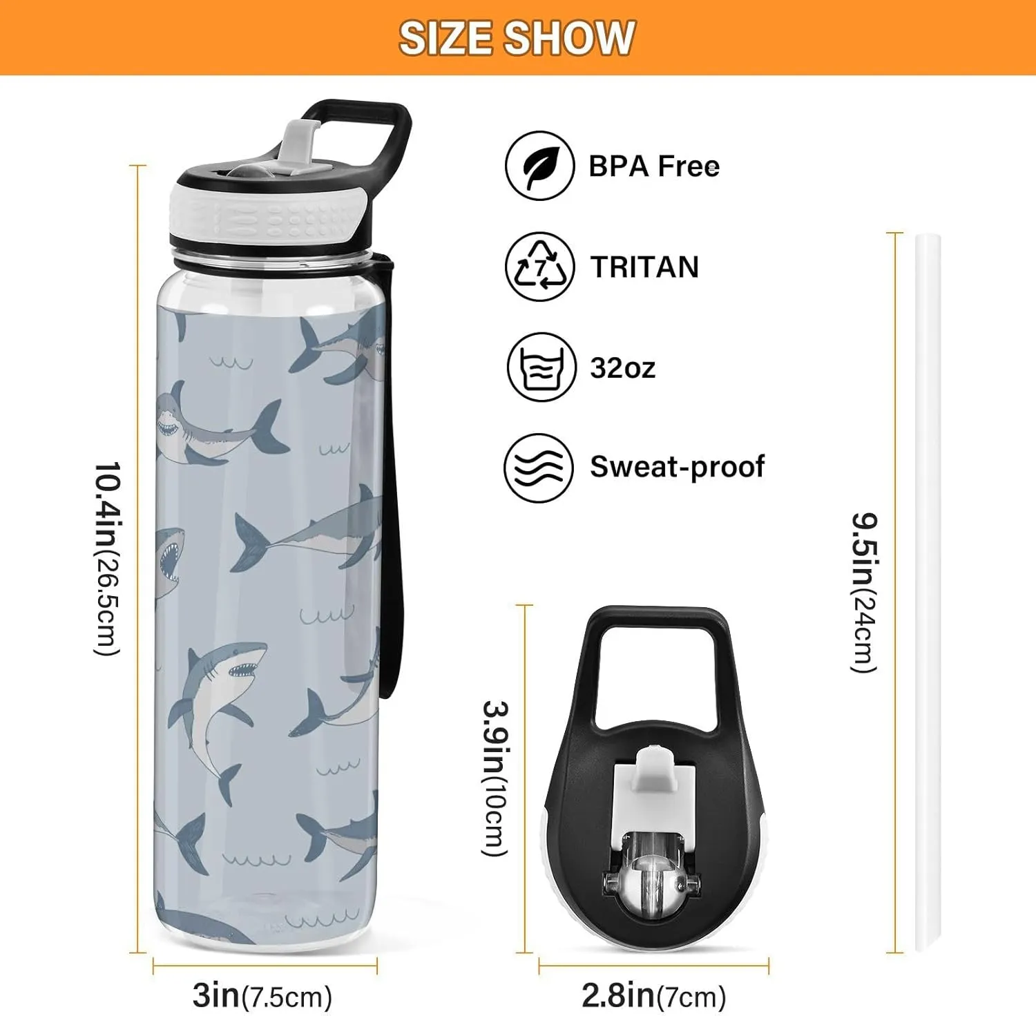 Bottle for Gym Fitness Outdoor Sports Burbuja Cute Cartoon Sharks 32 oz keen Water Bottle with Straw Lid, Leakproof & BPA Free Tritan 