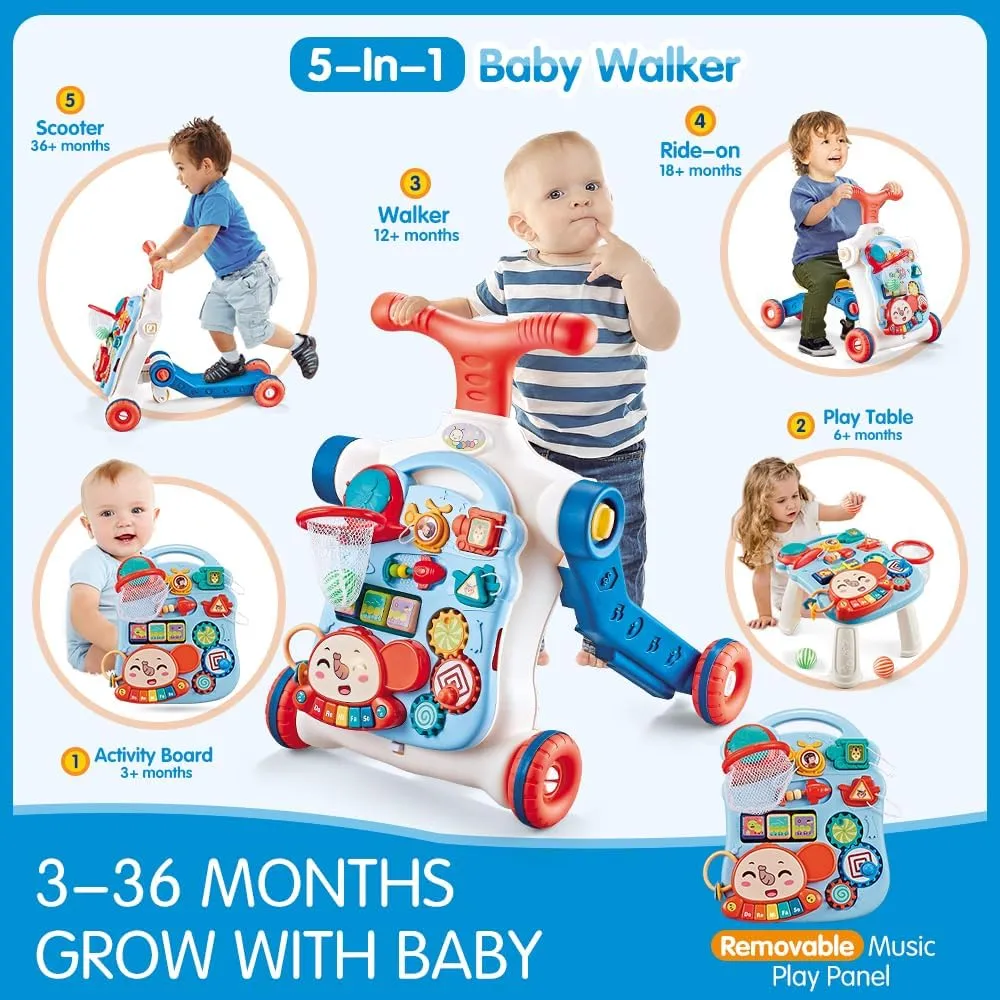 Boys Girls Baby Walker 5 in 1,VATOS Sit-to-Stand Learning Walker,Assemble as Scooter/Balance Bike/Push Walker/Activity Table/Detachable Panel,Push Walkers Toys with Music for Toddlers deposit crime tiredness Infant 