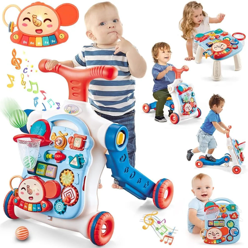 Boys Girls Baby Walker 5 in 1,VATOS Sit-to-Stand Learning Walker,Assemble as Scooter/Balance Bike/Push Walker/Activity Table/Detachable Panel,Push Walkers Toys with Music for Toddlers deposit crime tiredness Infant 