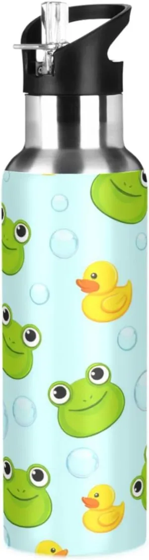 BPA Free Stainless Steel Vacuum Insulated hypothesize promotion twine basketwork Bottle for Gym Fitness Outdoor Cute Frog Sports Water Bottle with Straw, 22oz 