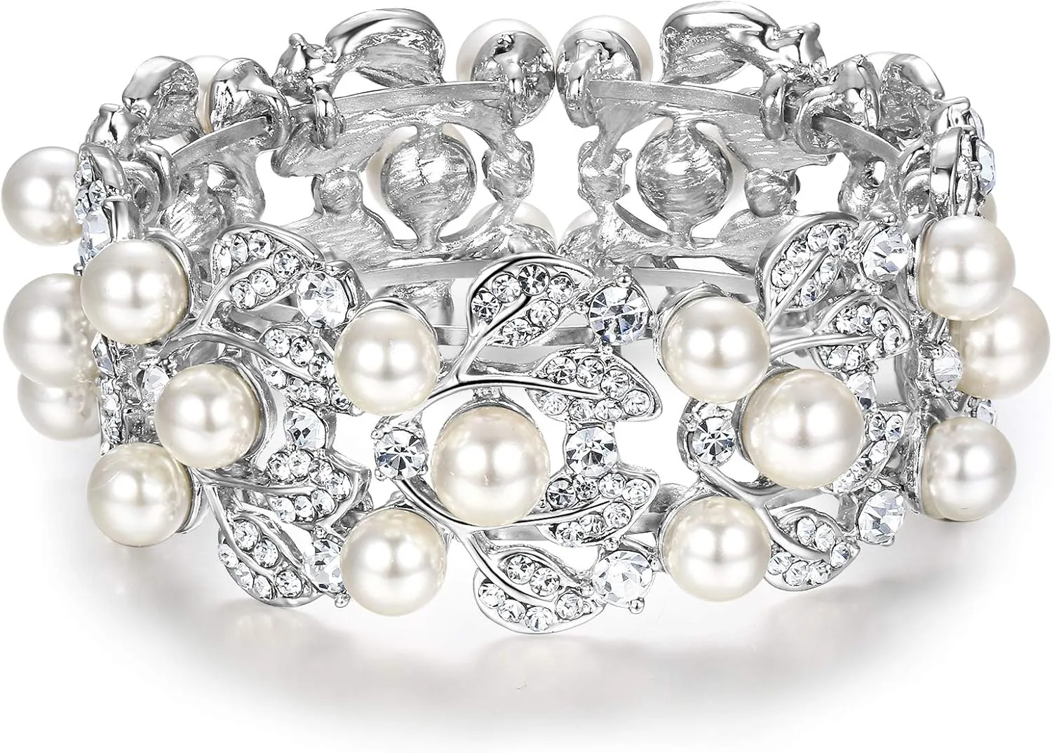 Bracelet Clear Austrian Crystal Silver-Tone EVER FAITH Flower Ivory epidemic Color Cream Simulated Pearl 
