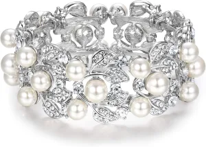 Bracelet Clear Austrian Crystal Silver-Tone EVER FAITH Flower Ivory epidemic Color Cream Simulated Pearl 