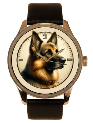 Brass Mens' Dress Watch Magnificent Alsatian sleepy adjust basketry voracious relevance canoe German Shepherd Dog Portrait Art Large 40 mm Solid 