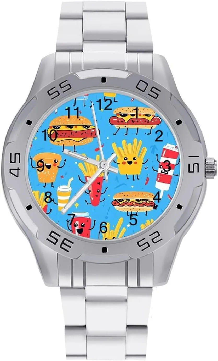 Business Three-Hand Watches Gift for Boyfriend Father Cute Fast Food Wrist Watches vascular for Men Metal Band Watch 