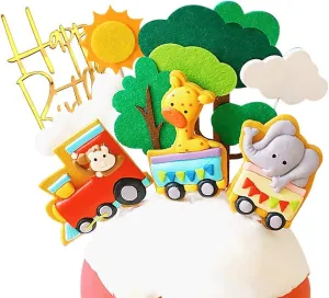 Cake Toppers - Set of 14 - rim Handmade Clay Monkey,Giraffe,Elephant Train, Tree, Clouds, Sun and Happy Birthdany Cake Topper Forest Animal Train 