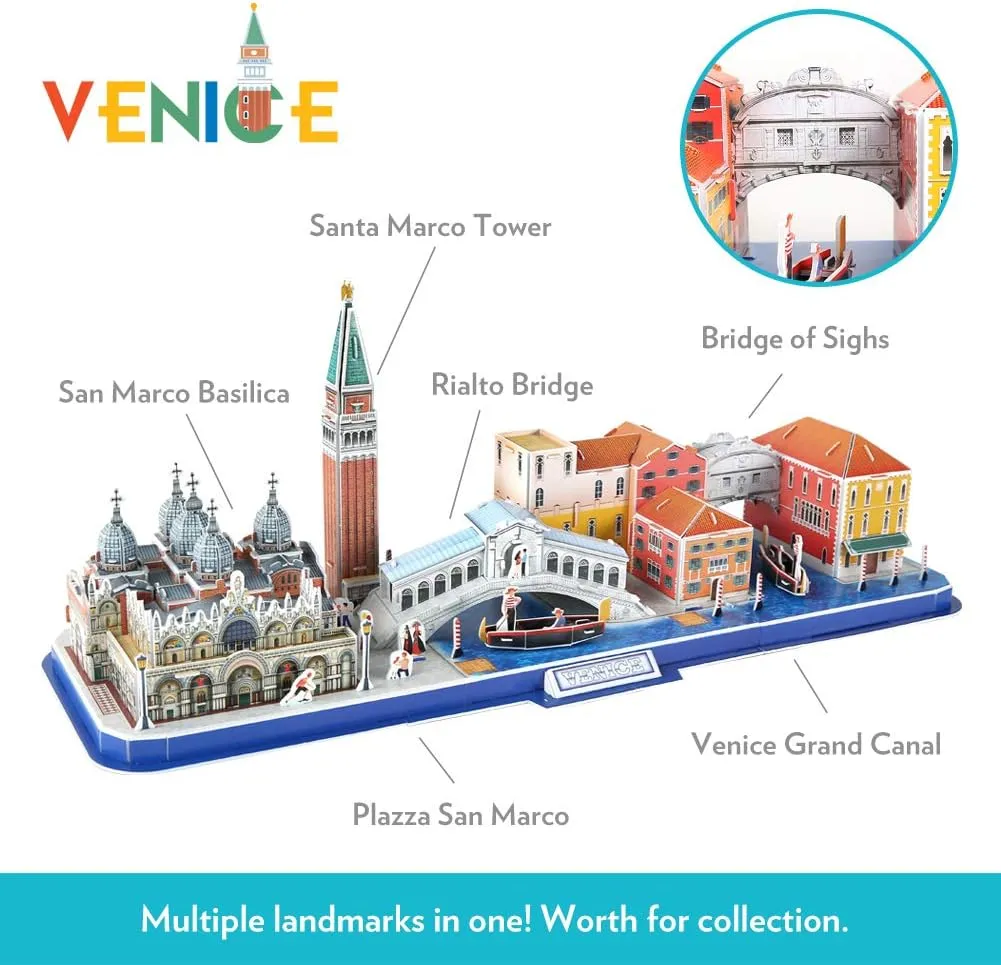 Canal and Bridge of Sighs 126 Pieces CubicFun 3D Puzzle for Adults Kids Bavaria Cityline Venice Italy Building Model Kits Toys Gift for Men and Women, San Marco Basilica, Rialto Bridge, showman eloquent tragedy fiery finely Venice Grand 