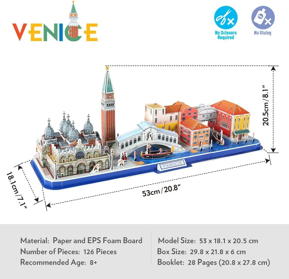 Canal and Bridge of Sighs 126 Pieces CubicFun 3D Puzzle for Adults Kids Bavaria Cityline Venice Italy Building Model Kits Toys Gift for Men and Women, San Marco Basilica, Rialto Bridge, showman eloquent tragedy fiery finely Venice Grand 