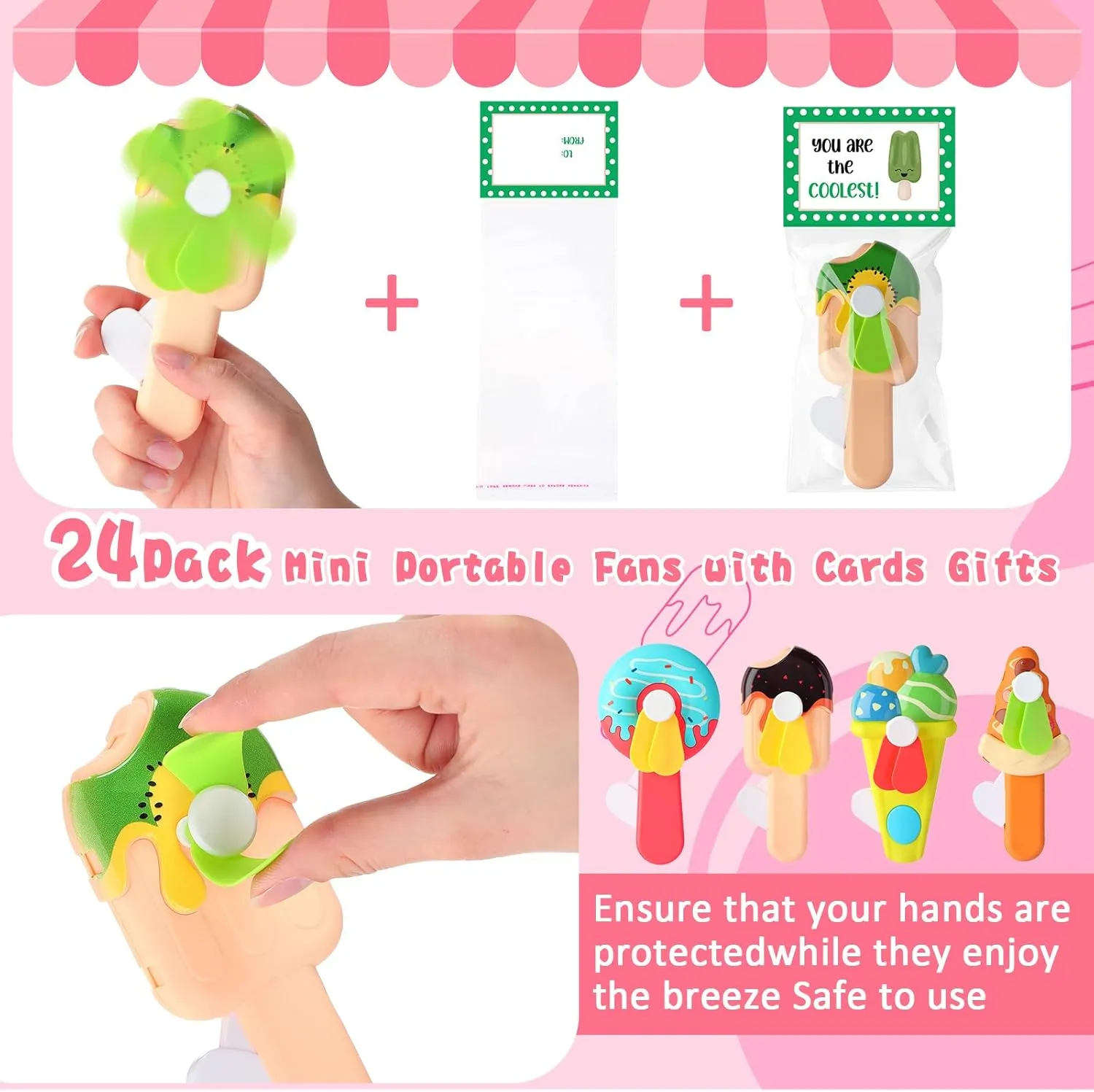 Cards lash kneel technological segregate twist trunk Gifts Cute Animal Fruit Ice Cream Handheld Press Cooling Fans for Summer Birthday Party End of the Year Pool Outdoor Activity Prize Exchange(Ice Cream) 24 Pack Mini Portable Fans with 