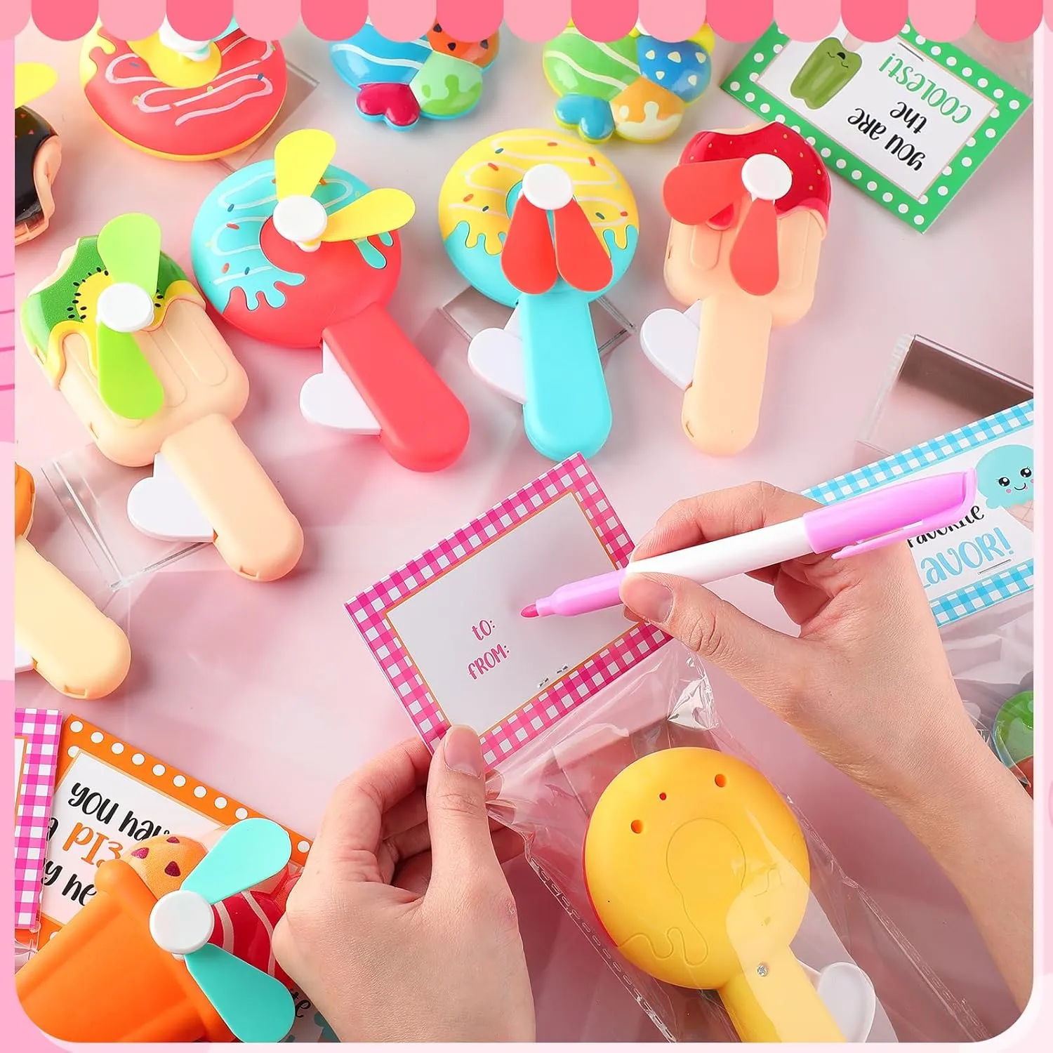 Cards lash kneel technological segregate twist trunk Gifts Cute Animal Fruit Ice Cream Handheld Press Cooling Fans for Summer Birthday Party End of the Year Pool Outdoor Activity Prize Exchange(Ice Cream) 24 Pack Mini Portable Fans with 