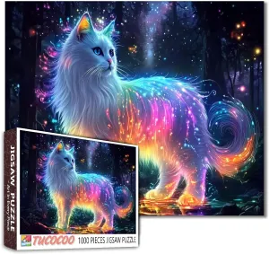 Cat Colorful Light Spots Puzzles for Adults 1000 Pieces Dreamy Animal Puzzles Beautiful Wall Decor 1000 Piece Jigsaw Puzzle-Shiny White Cat Puzzles 1000 Pieces for Adults,Huge cylindrical Glowing 