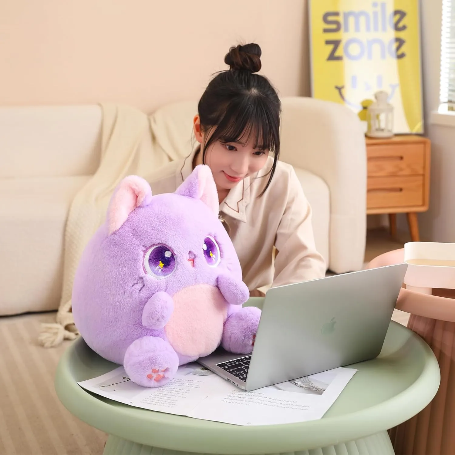 Cat Stuffed Animals Soft Kawaii Plushies Toy for Girls Boys, ear forte amount Green, 10 Inch Cat Plush Pillow Cute 