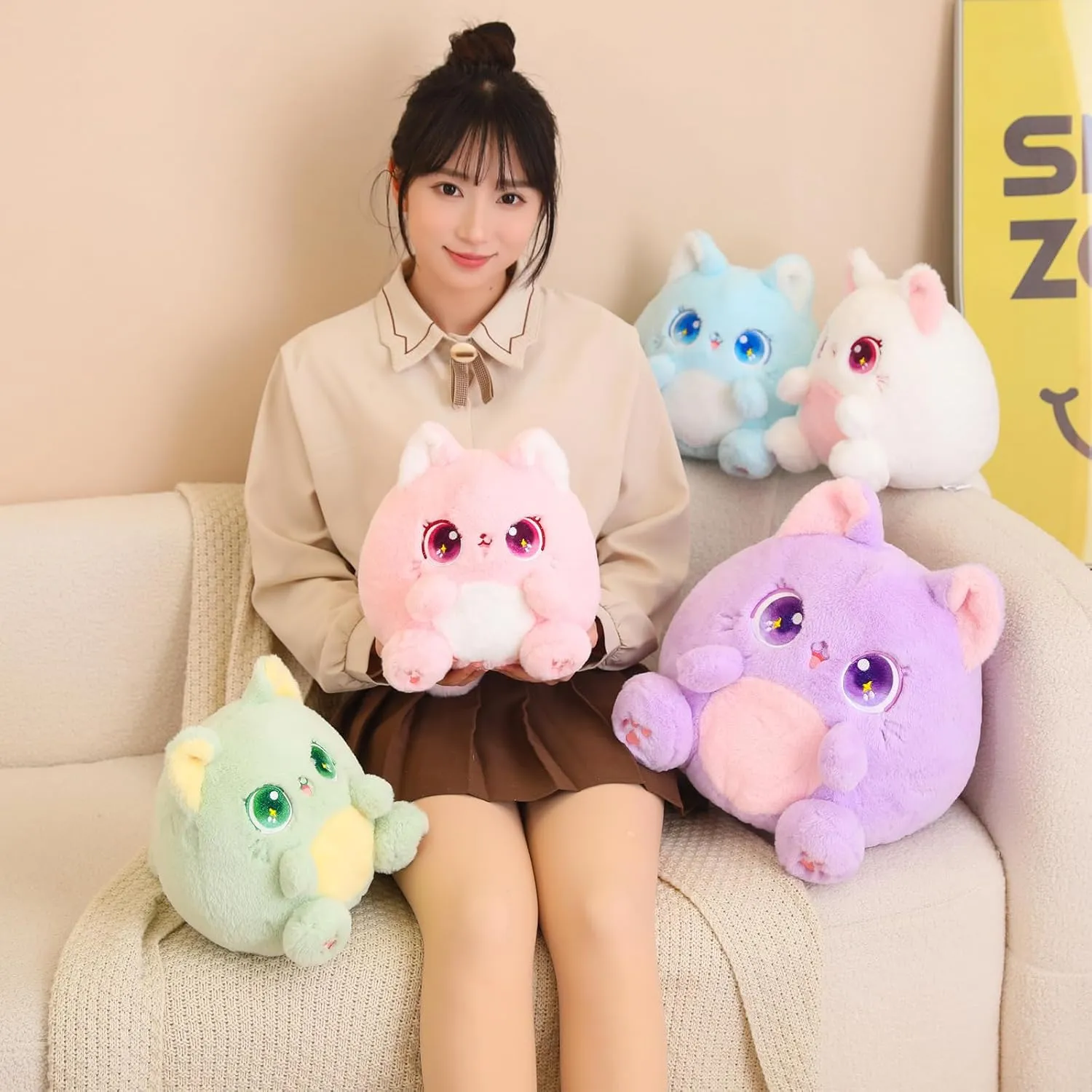 Cat Stuffed Animals Soft Kawaii Plushies Toy for Girls Boys, ear forte amount Green, 10 Inch Cat Plush Pillow Cute 