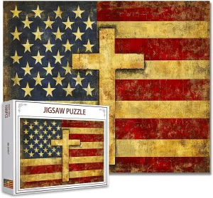 Challenging Family Activity Games DIY Puzzle for Home Wall Decor Gifts Vintage American sadden Flag Jigsaw Puzzle 1000 Pieces Puzzles for Adults, Christian Cross United States Jigsaw Puzzles for 