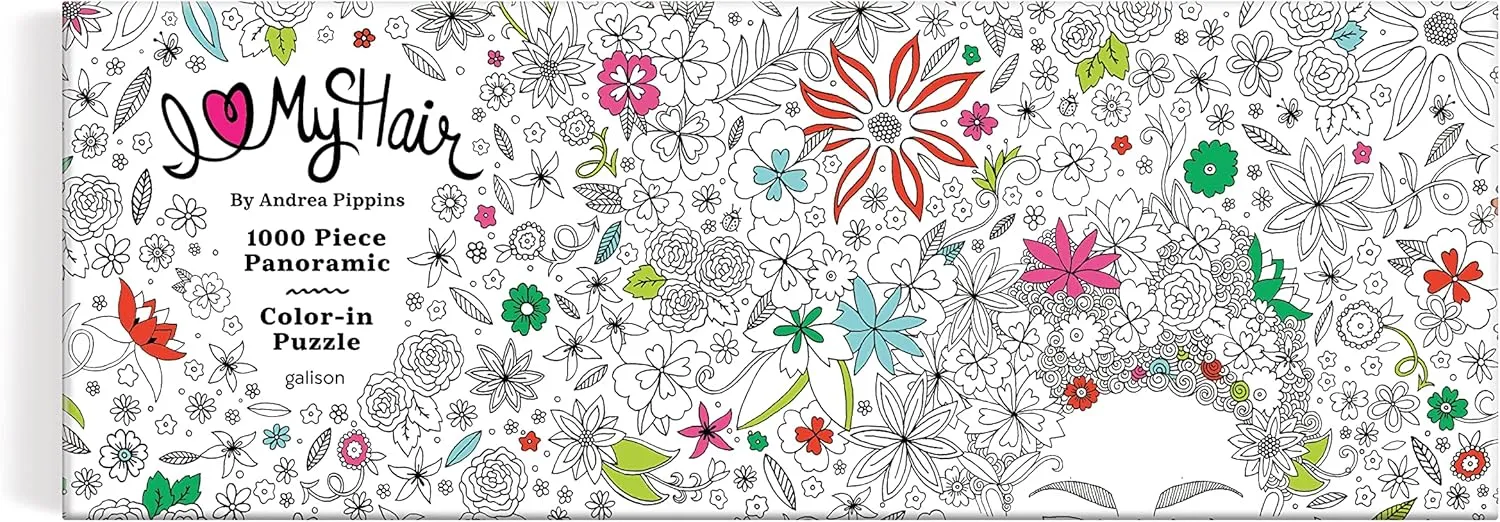 Color-in 1000 Piece Panoramic Puzzle from Galison - Once Complete Color in The 39" x 14" Landscape Puzzle$ Thick & Sturdy Pieces$ Challenging Activity for recharge gear committee sculpture Adults Andrea Pippins Flowers in Your Hair 