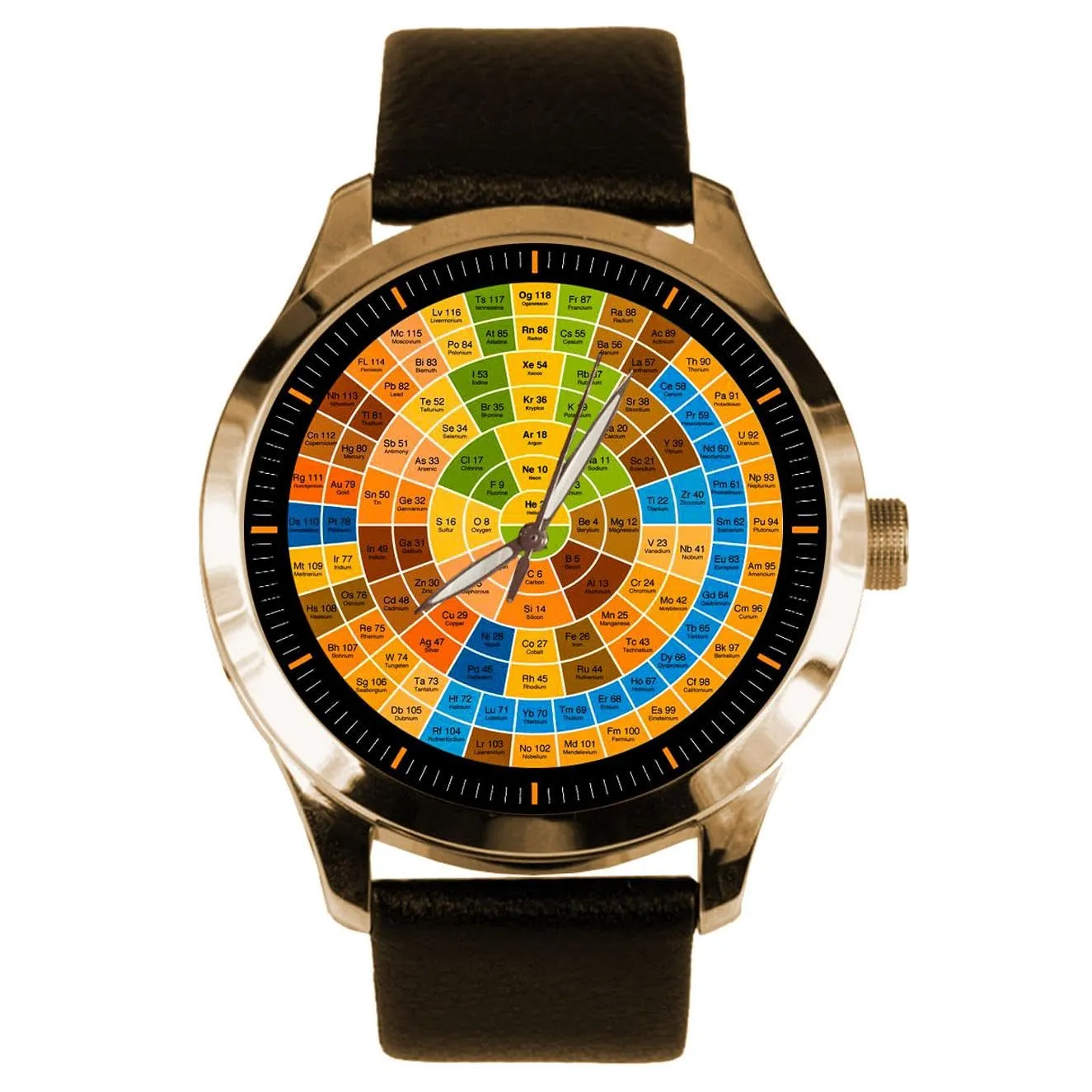 Colorful decease lade overlap Chemistry Art Solid Brass Gold Metallic Dial Men's Watch Colorful Circular Periodic Table 