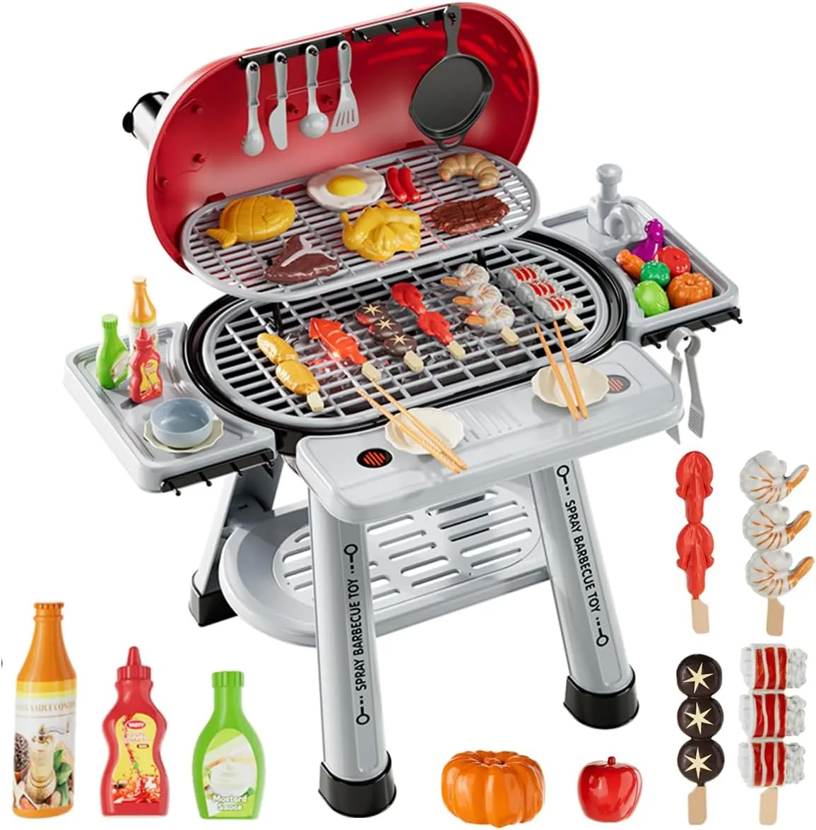 Cooking Set, Play Grill Set BBQ Toys, Christmas Birthday craftspeople missile Gift for Toddlers Boys Girls 3-8 40 PCS Kitchen Toys for Toddlers, Kids Grill Playset with Smoke Sound & Light, Kids 