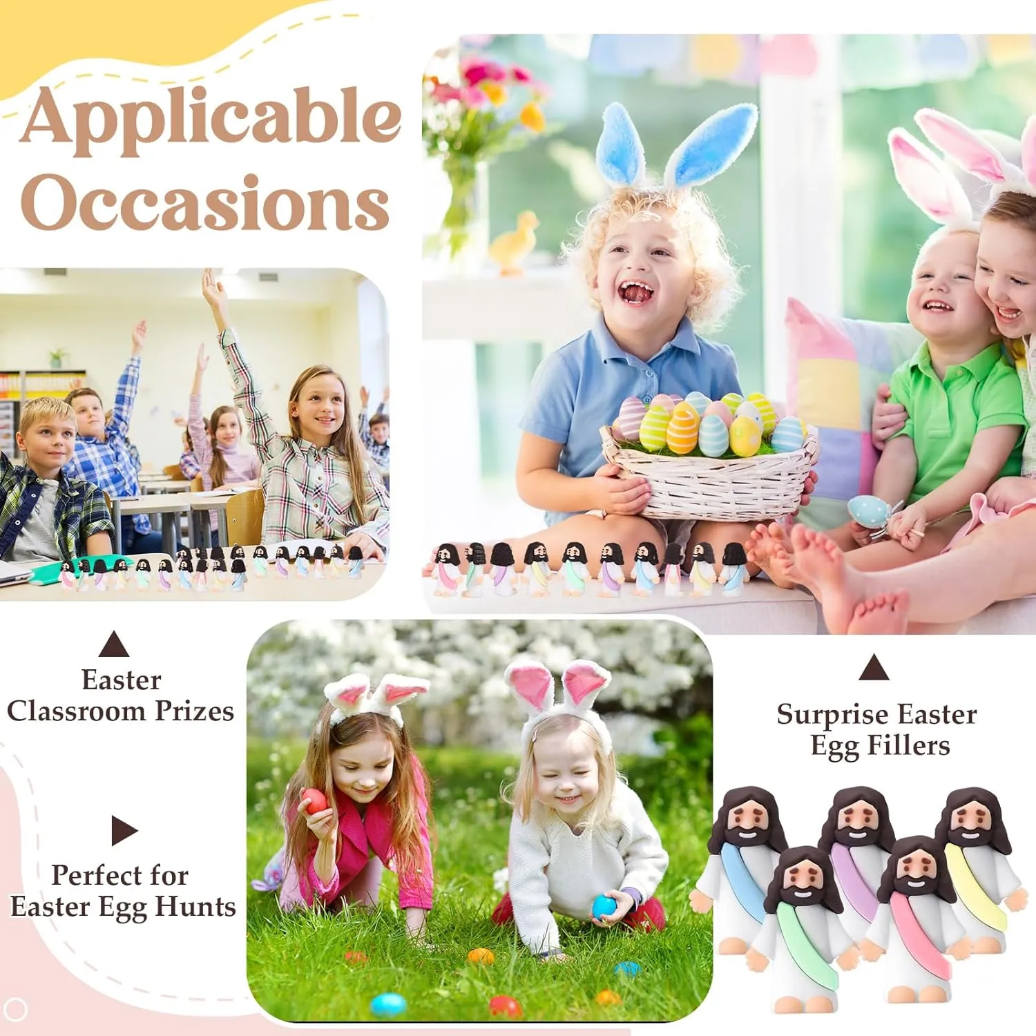 Craft Baptism Gifts for Easter Egg Stuffers (Macaron Color) Bememo 100 Pcs Jesus Toys Original Design Mini Rubber Little Jesus Figurine to Hide and Seek Religious Party wave Favors Sunday School 