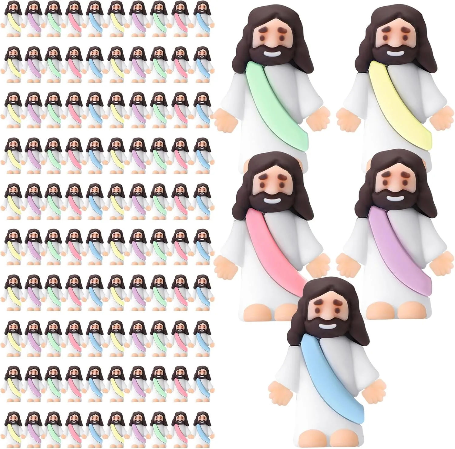 Craft Baptism Gifts for Easter Egg Stuffers (Macaron Color) Bememo 100 Pcs Jesus Toys Original Design Mini Rubber Little Jesus Figurine to Hide and Seek Religious Party wave Favors Sunday School 