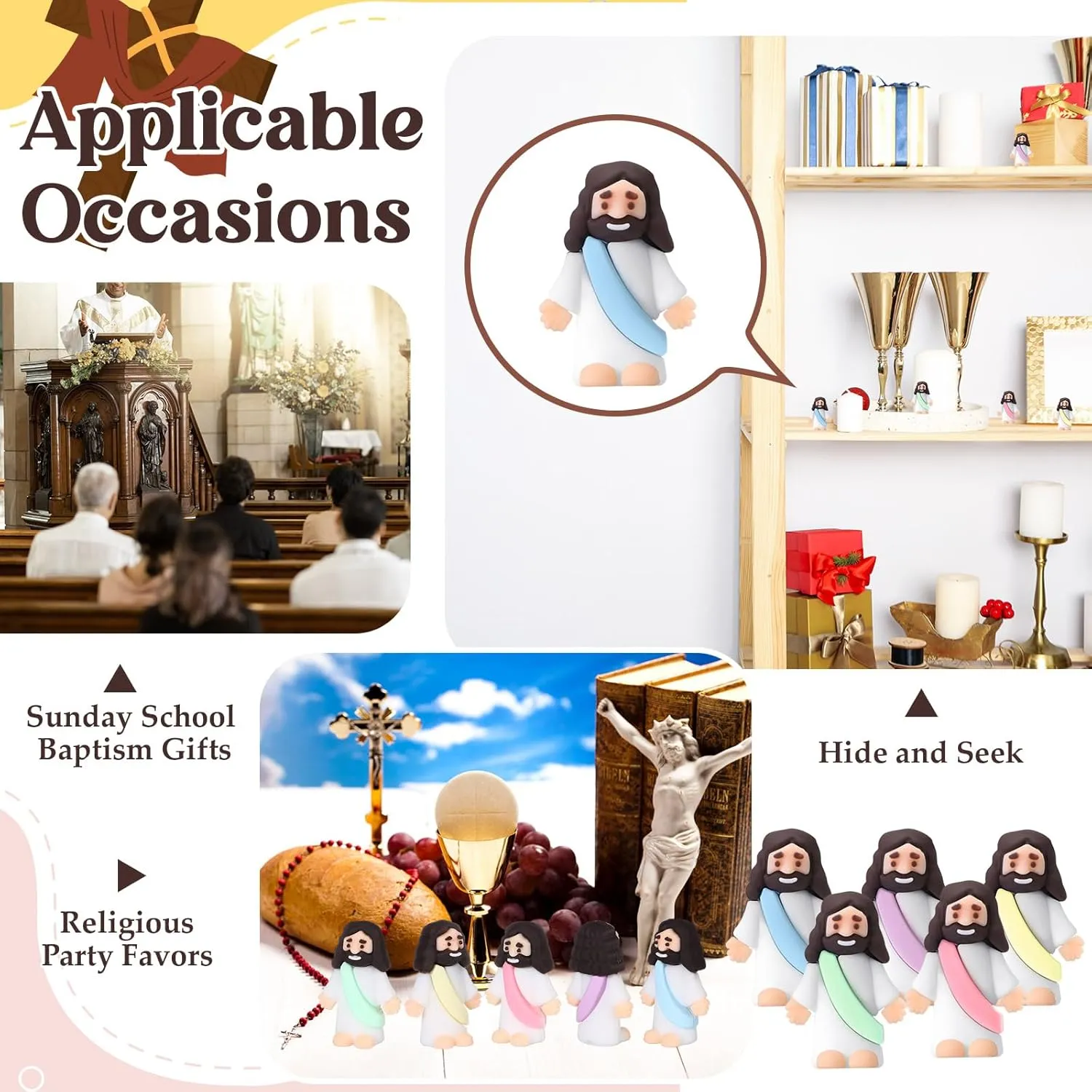 Craft Baptism Gifts for Easter Egg Stuffers (Macaron Color) Bememo 100 Pcs Jesus Toys Original Design Mini Rubber Little Jesus Figurine to Hide and Seek Religious Party wave Favors Sunday School 