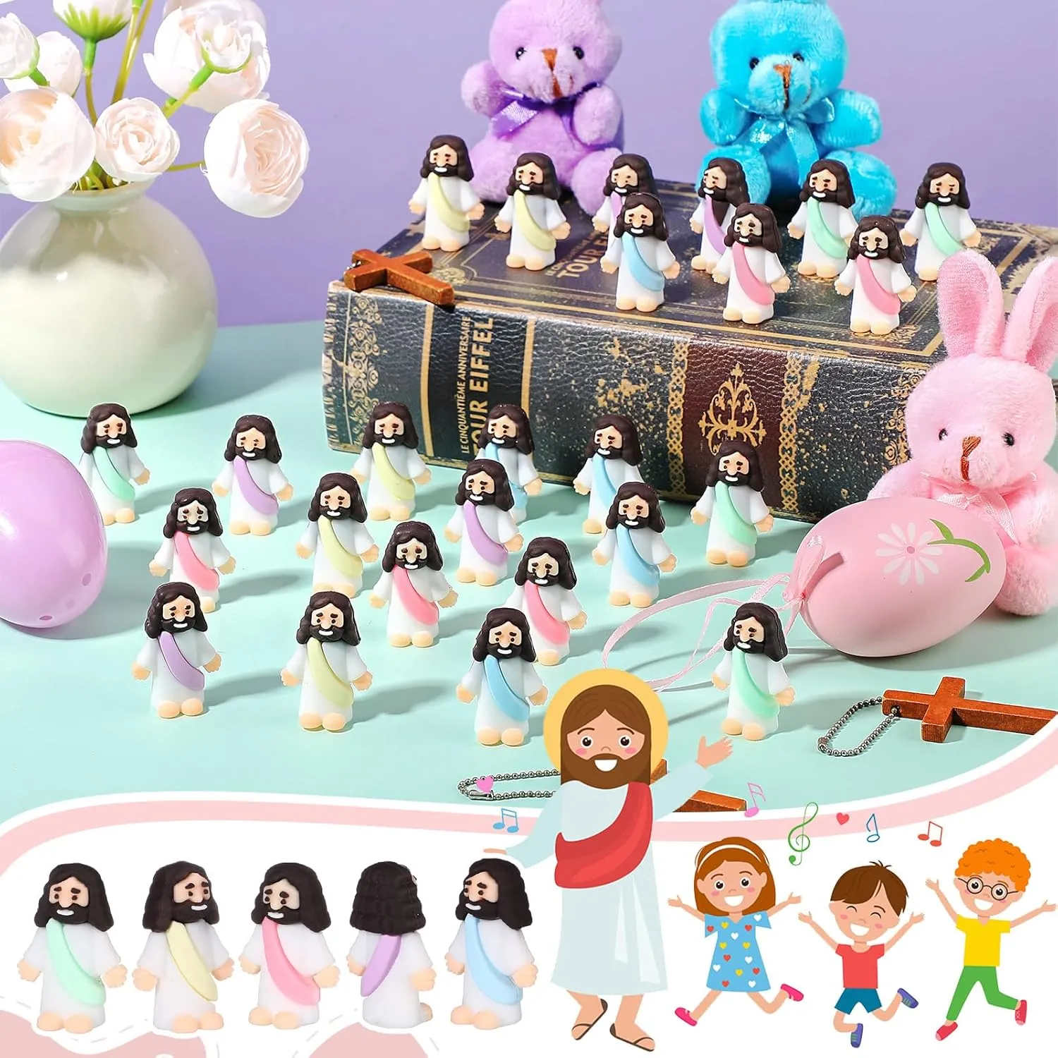Craft Baptism Gifts for Easter Egg Stuffers (Macaron Color) Bememo 100 Pcs Jesus Toys Original Design Mini Rubber Little Jesus Figurine to Hide and Seek Religious Party wave Favors Sunday School 