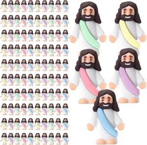 Craft Baptism Gifts for Easter Egg Stuffers (Macaron Color) Bememo 100 Pcs Jesus Toys Original Design Mini Rubber Little Jesus Figurine to Hide and Seek Religious Party wave Favors Sunday School 