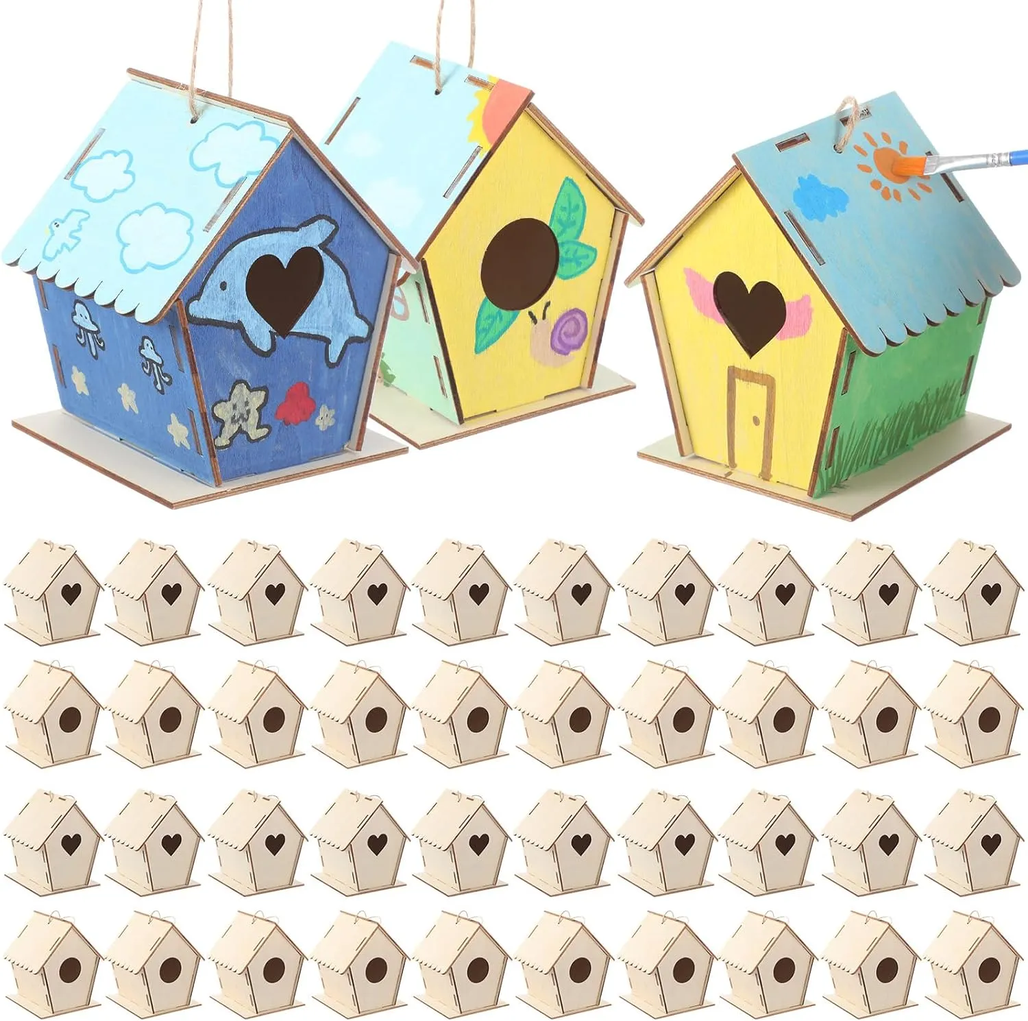 Craft Kits for Kids unreal crystal domestic differentiate DIY Birdhouse to Build and Paint Unfinished Hanging Birdhouse Bulk Summer Bird Feeder for VBS Class Creative Activity Art Party Gift DoubleFill 48 Pack 4.33" Wooden Bird House 