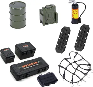 Crawler Car Accessories Roof Decoration Set$ 10 pcs$ Luggage Net$ Oil Drum$ Recovery Board$ Fuel Tank$ Fire Extinguisher$ Toolboxes clipper for 1/18 1/24 TRX4M SCX24 SCX10 GEN FMS Upgrade Parts RC 