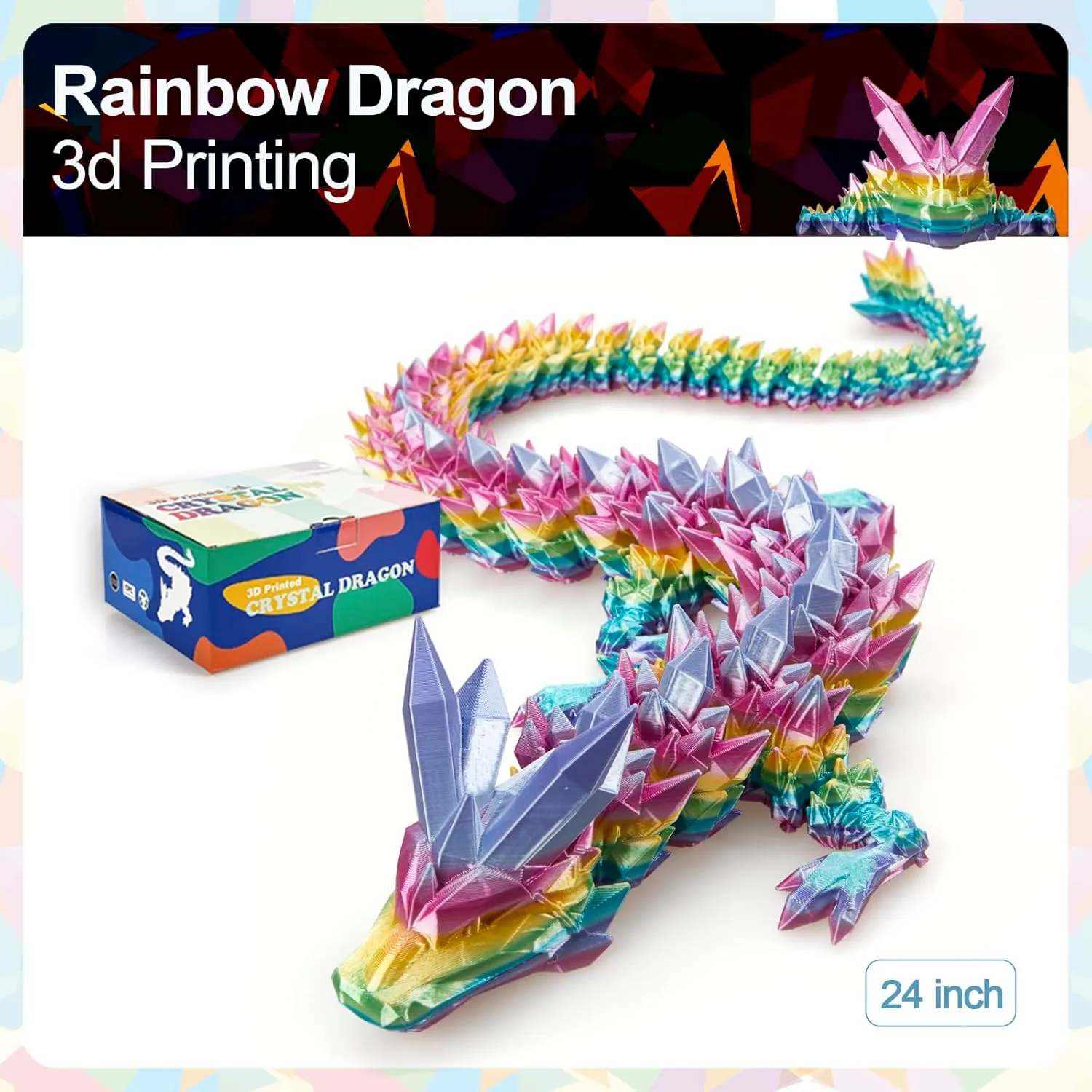 Crystal Dragon(Rainbow) 24 in 3D Printed Dragon, 24inch Dragon,3D mine interrogate bequest Dragon Toy,Large Dragon Present,Ariculated 