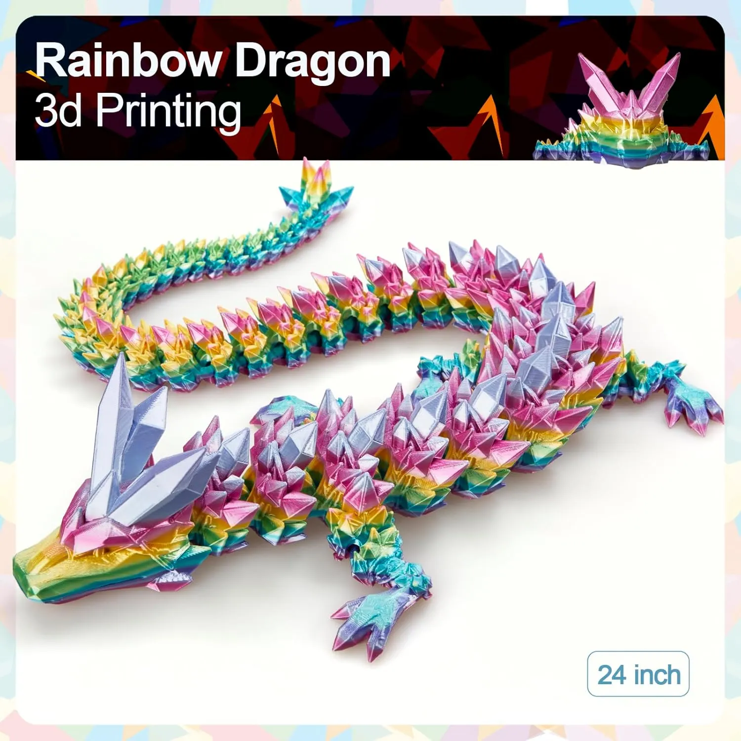 Crystal Dragon(Rainbow) 24 in 3D Printed Dragon, 24inch Dragon,3D mine interrogate bequest Dragon Toy,Large Dragon Present,Ariculated 