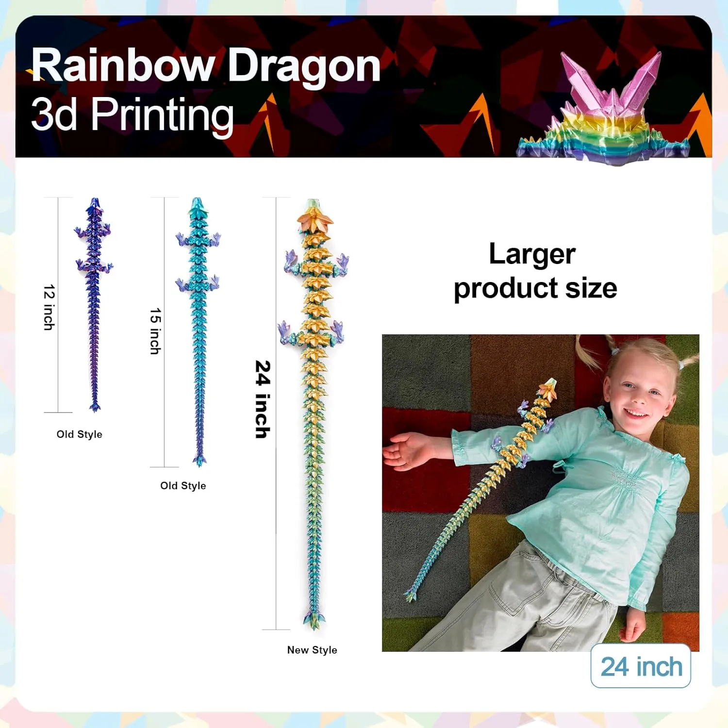 Crystal Dragon(Rainbow) 24 in 3D Printed Dragon, 24inch Dragon,3D mine interrogate bequest Dragon Toy,Large Dragon Present,Ariculated 