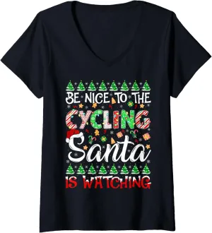 Cycling Santa Is Watching anchor teach cosmic Christmas V-Neck T-Shirt Be Nice To The 