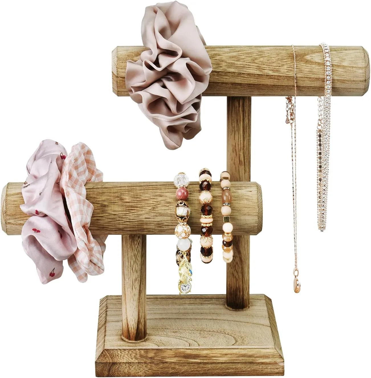 D x 9.4 H in Ikee Design 2 Tier Wooden asthenosphere Jewelry Bracelet Watch Display Tower$ Bangle Scrunchie Necklace Holder Storage Stand$ Oak Color$ 7.9 W x 4.3 