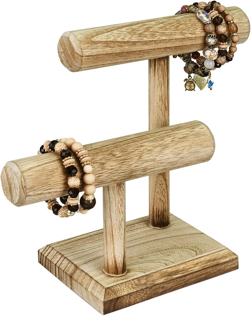 D x 9.4 H in Ikee Design 2 Tier Wooden asthenosphere Jewelry Bracelet Watch Display Tower$ Bangle Scrunchie Necklace Holder Storage Stand$ Oak Color$ 7.9 W x 4.3 