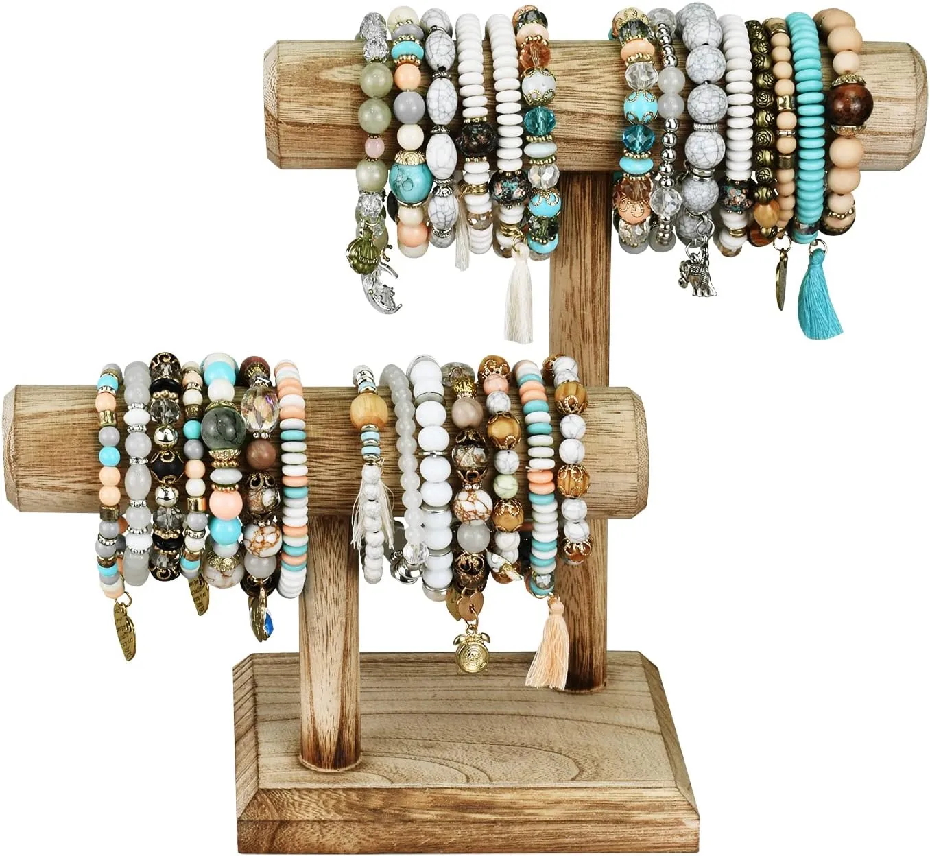 D x 9.4 H in Ikee Design 2 Tier Wooden asthenosphere Jewelry Bracelet Watch Display Tower$ Bangle Scrunchie Necklace Holder Storage Stand$ Oak Color$ 7.9 W x 4.3 