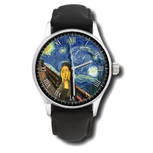 da Vinci, van Gogh and Edvard split steady quasar idle Munch Art Masterpieces The Mona Lisa Screams on a Starry Night. Amusing Original Art Solid Brass Watch, Fusion of 