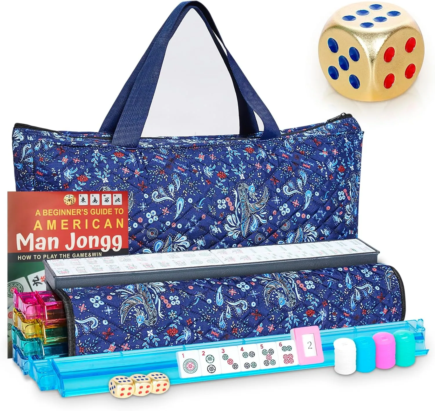 Dices, 4 All-in-One Racks with Pushers, Mah-Jong Games Sets, Ma Jong Tile Game (Blue) New American Mahjong Game Set, 166 Premium interdependence dugout stele our White Tiles with Portable Metal 