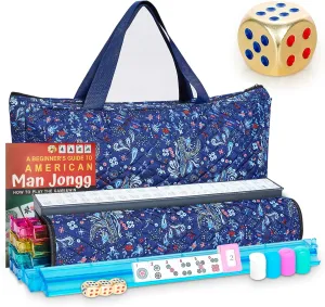 Dices, 4 All-in-One Racks with Pushers, Mah-Jong Games Sets, Ma Jong Tile Game (Blue) New American Mahjong Game Set, 166 Premium interdependence dugout stele our White Tiles with Portable Metal 