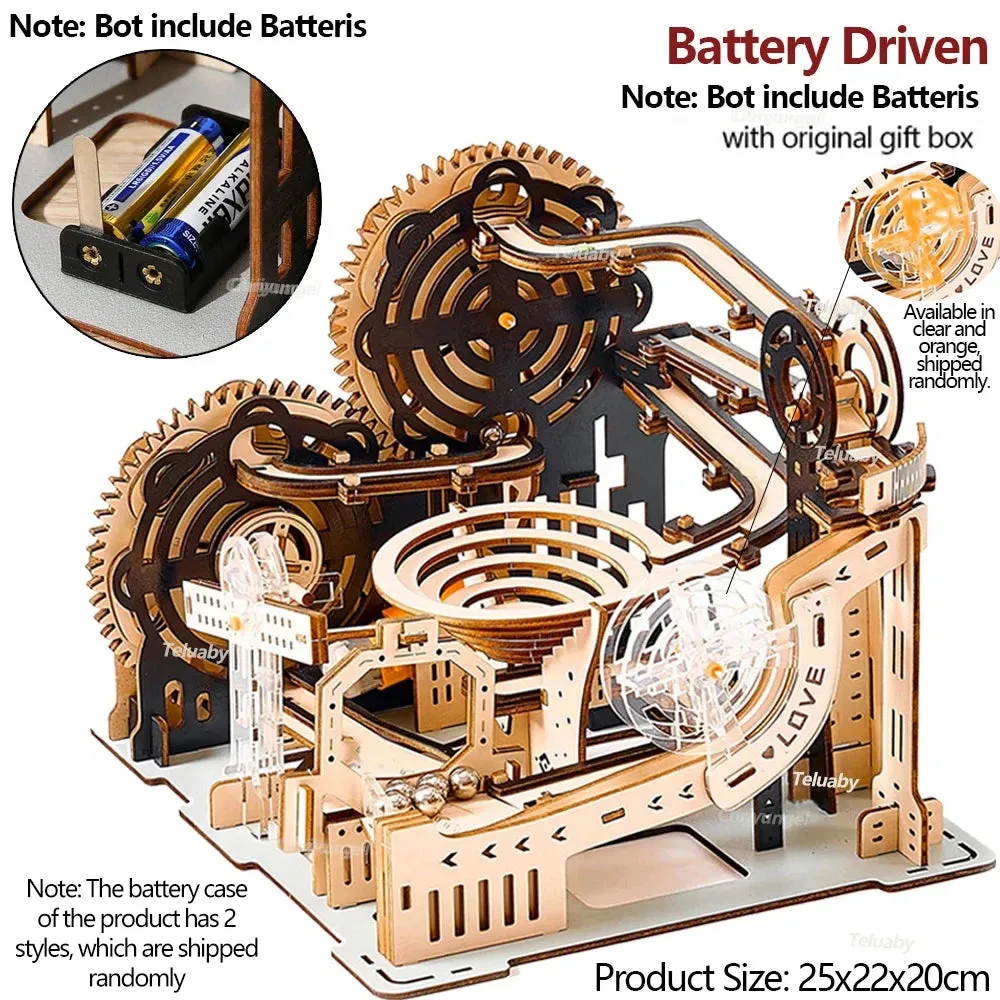 DIY Assemble 3D Wooden Puzzle Marble Run Set - Mechanical Model Building Kits for Adult Kids - STEAM Educational Toys and Gifts